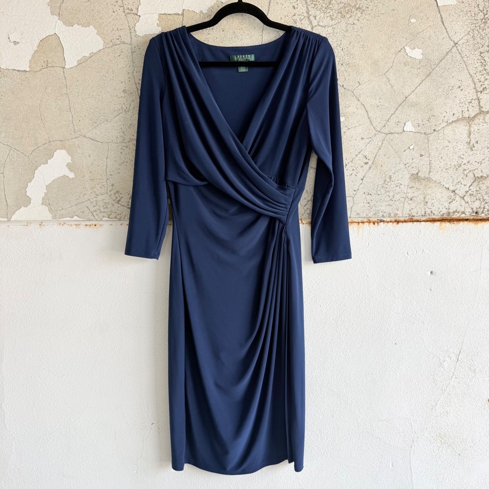Lauren Ralph Lauren Dress Navy Blue Draped 3/4 Sleeve Sheath Business Sz 10